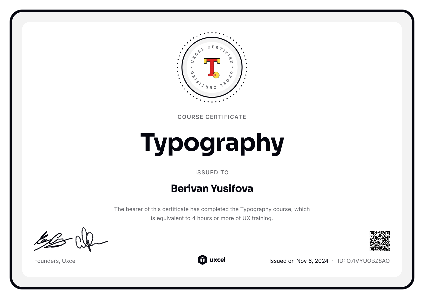Berivan Yusifova's certificate